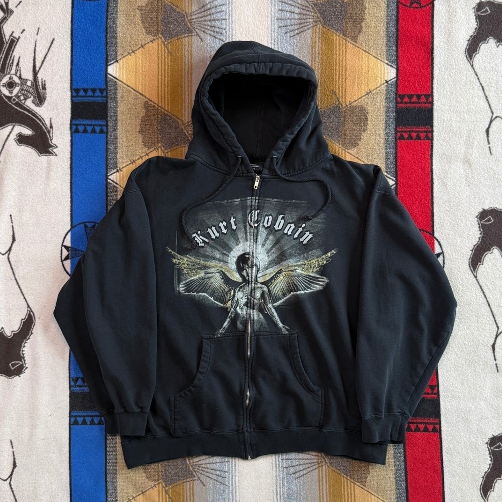 Vintage Kurt Cobain Angel Wings Graphic Full Zip Hoodie Black Mens XL Grunge Y2K